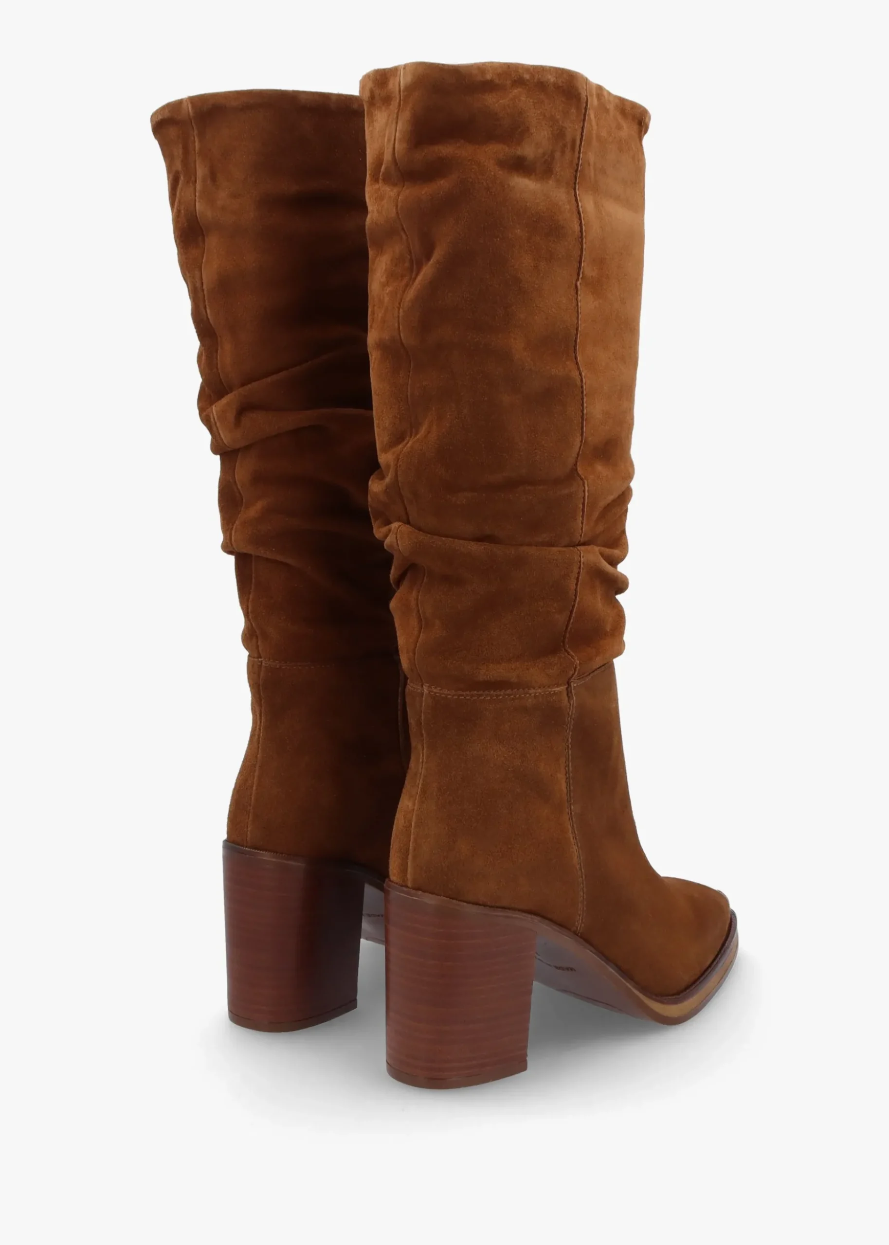 Astrid Tan Suede Rouched Block Heel Knee Boots