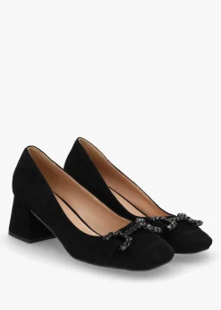 Athena Black Suede Crystal Bit Block Heel Court Shoes