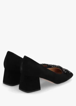 Athena Black Suede Crystal Bit Block Heel Court Shoes