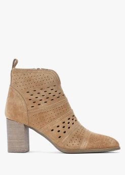 Austie Tan Suede Perforated Block Heel Ankle Boots