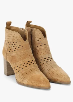 Austie Tan Suede Perforated Block Heel Ankle Boots