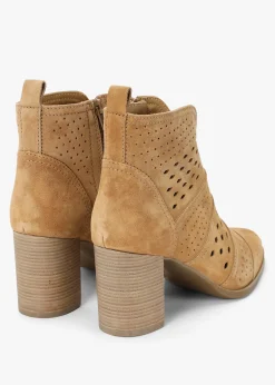 Austie Tan Suede Perforated Block Heel Ankle Boots