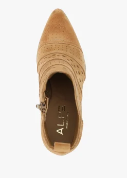 Austie Tan Suede Perforated Block Heel Ankle Boots