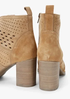Austie Tan Suede Perforated Block Heel Ankle Boots