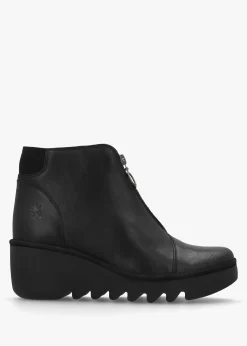 Baaz Black Leather Front Zip Wedge Ankle Boots