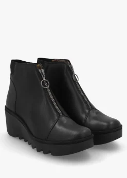 Baaz Black Leather Front Zip Wedge Ankle Boots