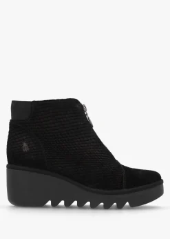 Baaz Black Reptile Suede Front Zip Wedge Ankle Boots