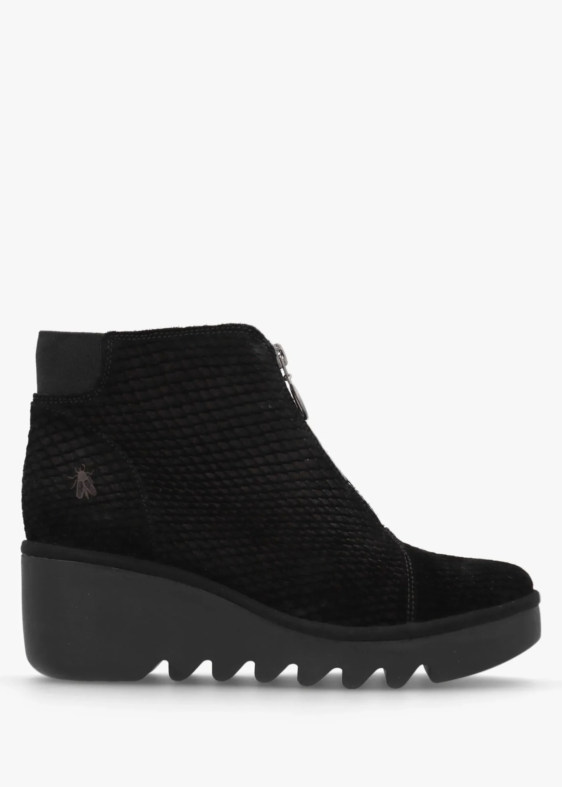 Baaz Black Reptile Suede Front Zip Wedge Ankle Boots