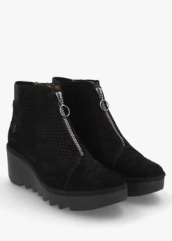 Baaz Black Reptile Suede Front Zip Wedge Ankle Boots