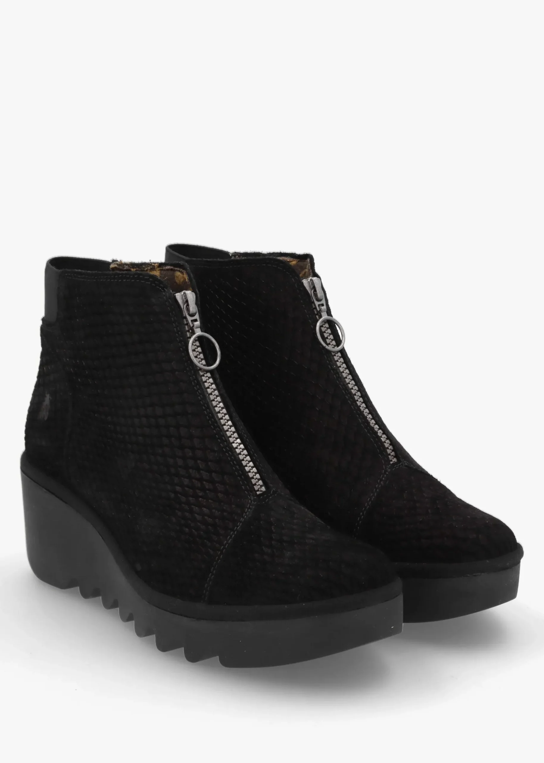 Baaz Black Reptile Suede Front Zip Wedge Ankle Boots