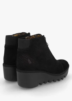 Baaz Black Reptile Suede Front Zip Wedge Ankle Boots