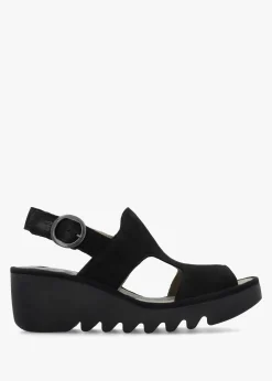 Baif Black Nubuck Leather Mid Wedge Sandals