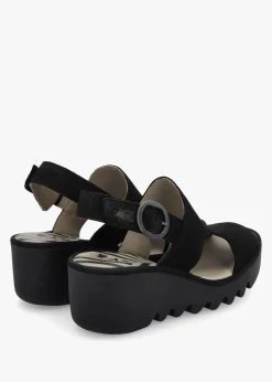 Baif Black Nubuck Leather Mid Wedge Sandals