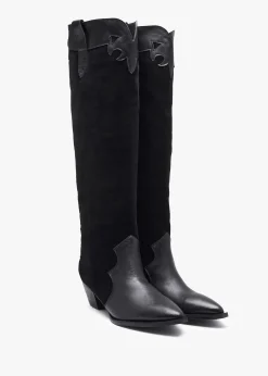 Bandana Black Suede & Leather Western Knee Boots