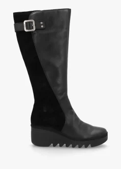 Befy Black Leather & Suede Wedge Knee Boots
