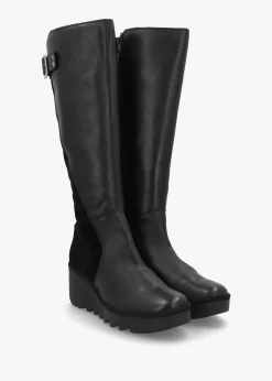 Befy Black Leather & Suede Wedge Knee Boots