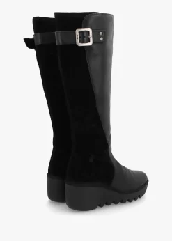 Befy Black Leather & Suede Wedge Knee Boots