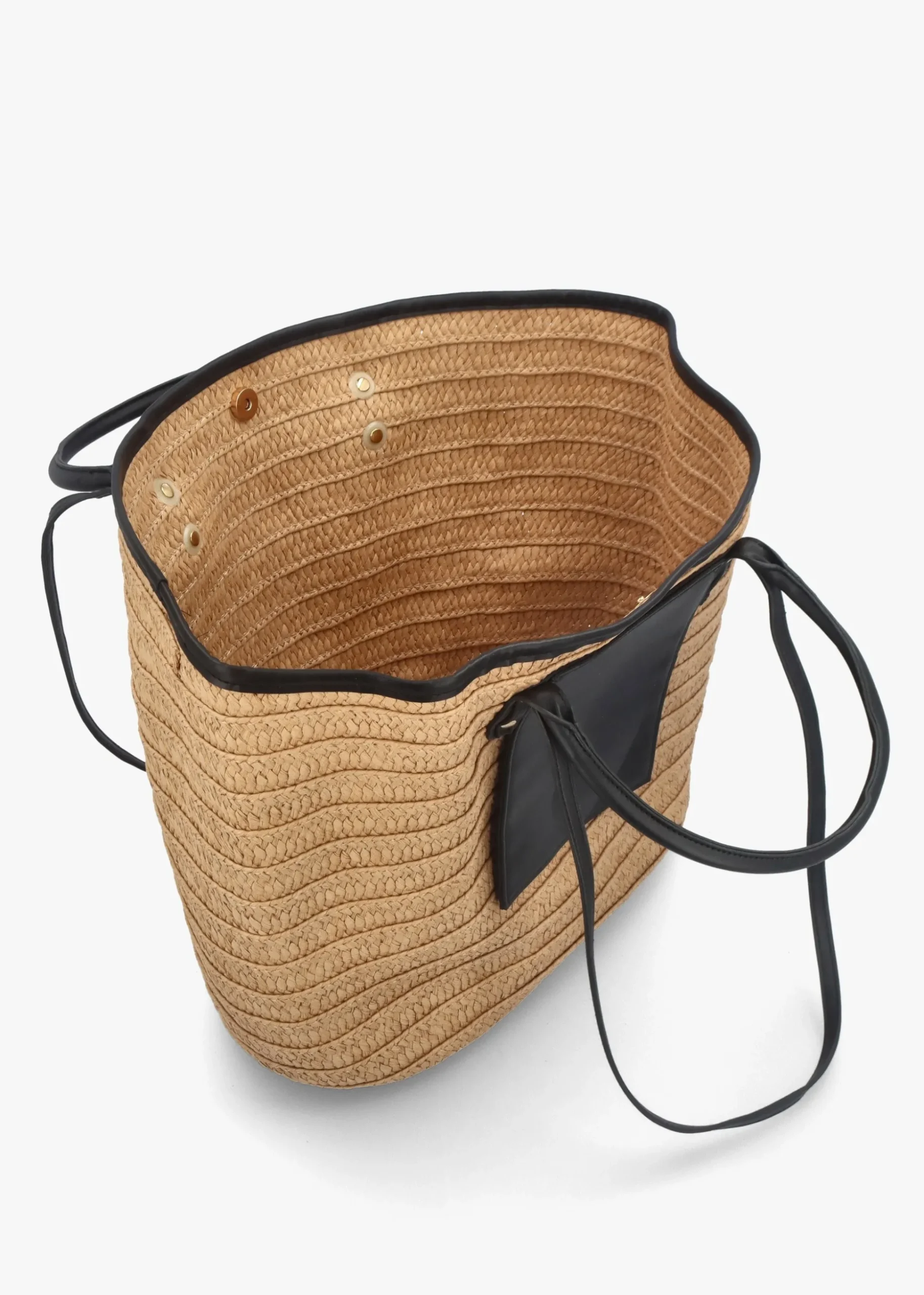 Beige & Black Woven Paper Bucket Shopper Bag