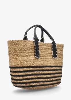 Beige & Black Woven Striped Shopper Bag