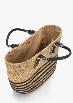Beige & Black Woven Striped Shopper Bag