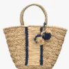 Beige & Blue Woven Straw Basket Shopper Bag