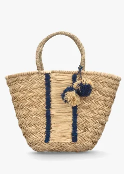 Beige & Blue Woven Straw Basket Shopper Bag
