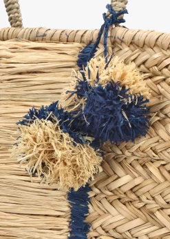 Beige & Blue Woven Straw Basket Shopper Bag