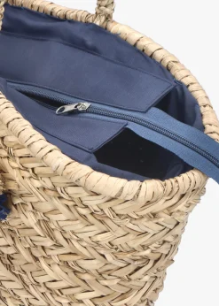 Beige & Blue Woven Straw Basket Shopper Bag