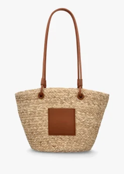 Beige & Tan Woven Straw Bucket Shopper Bag