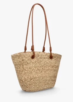 Beige & Tan Woven Straw Bucket Shopper Bag