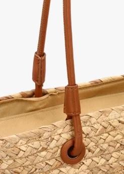 Beige & Tan Woven Straw Bucket Shopper Bag