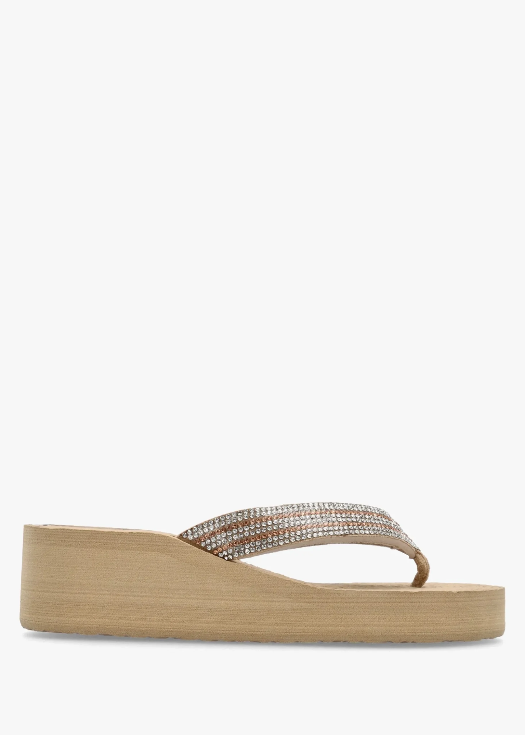 Beige Diamante Toe Post Wedge Flip Flops