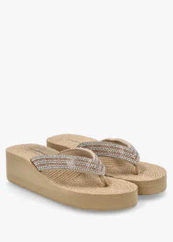 Beige Diamante Toe Post Wedge Flip Flops
