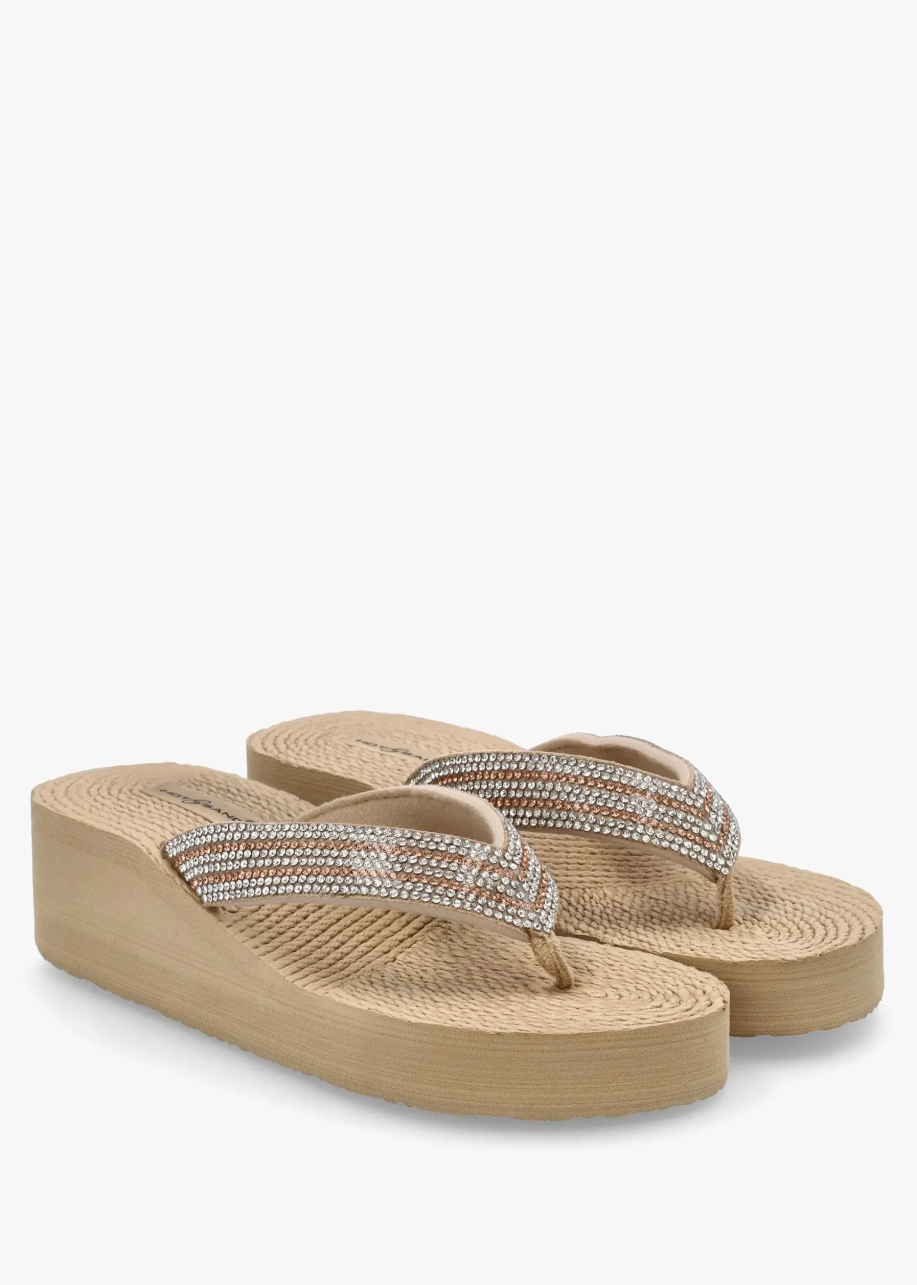 Beige Diamante Toe Post Wedge Flip Flops