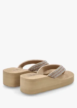 Beige Diamante Toe Post Wedge Flip Flops