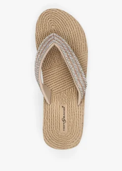 Beige Diamante Toe Post Wedge Flip Flops
