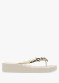 Beige Embellished Toe Post Wedge Flip Flops