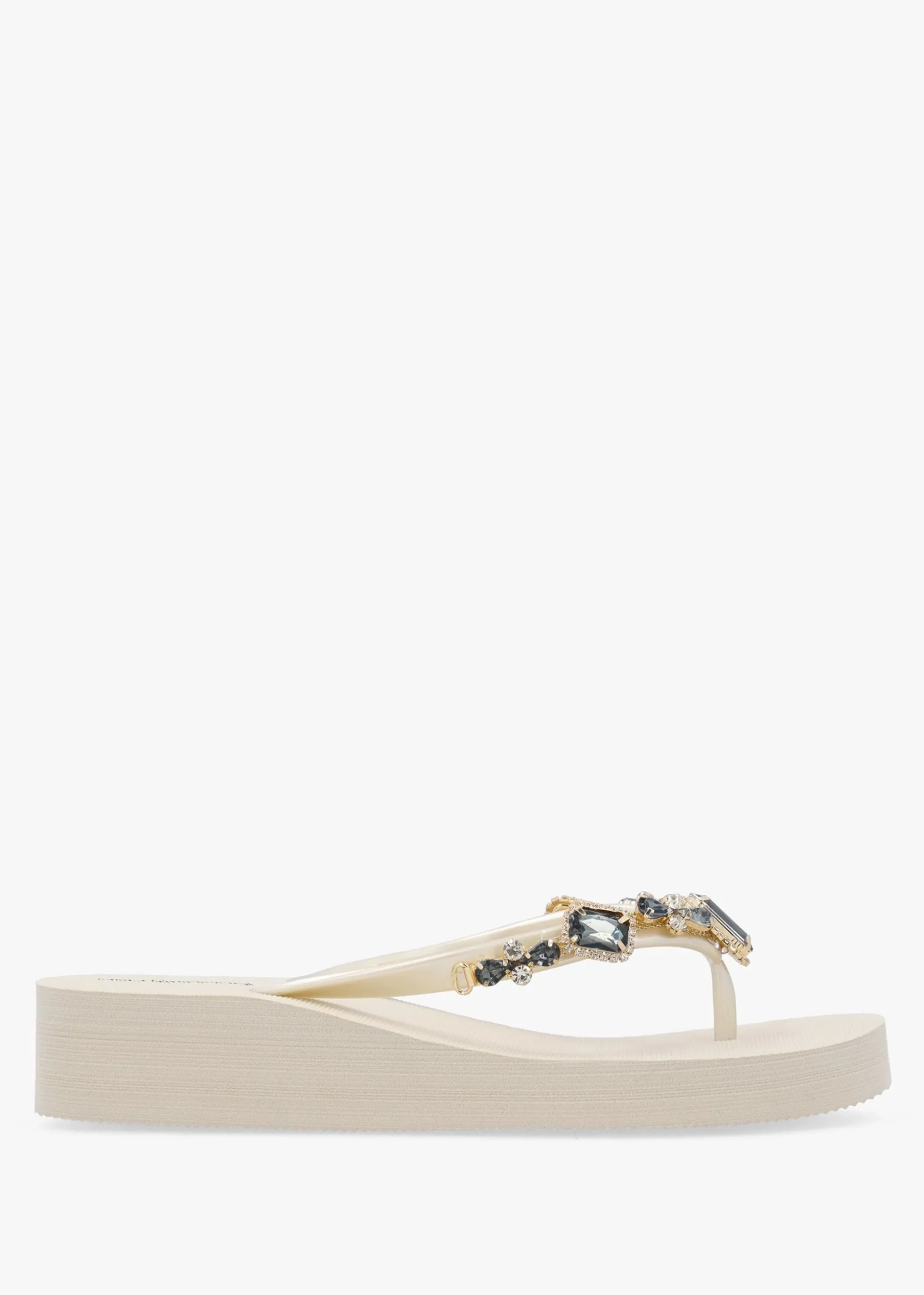 Beige Embellished Toe Post Wedge Flip Flops