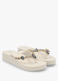 Beige Embellished Toe Post Wedge Flip Flops