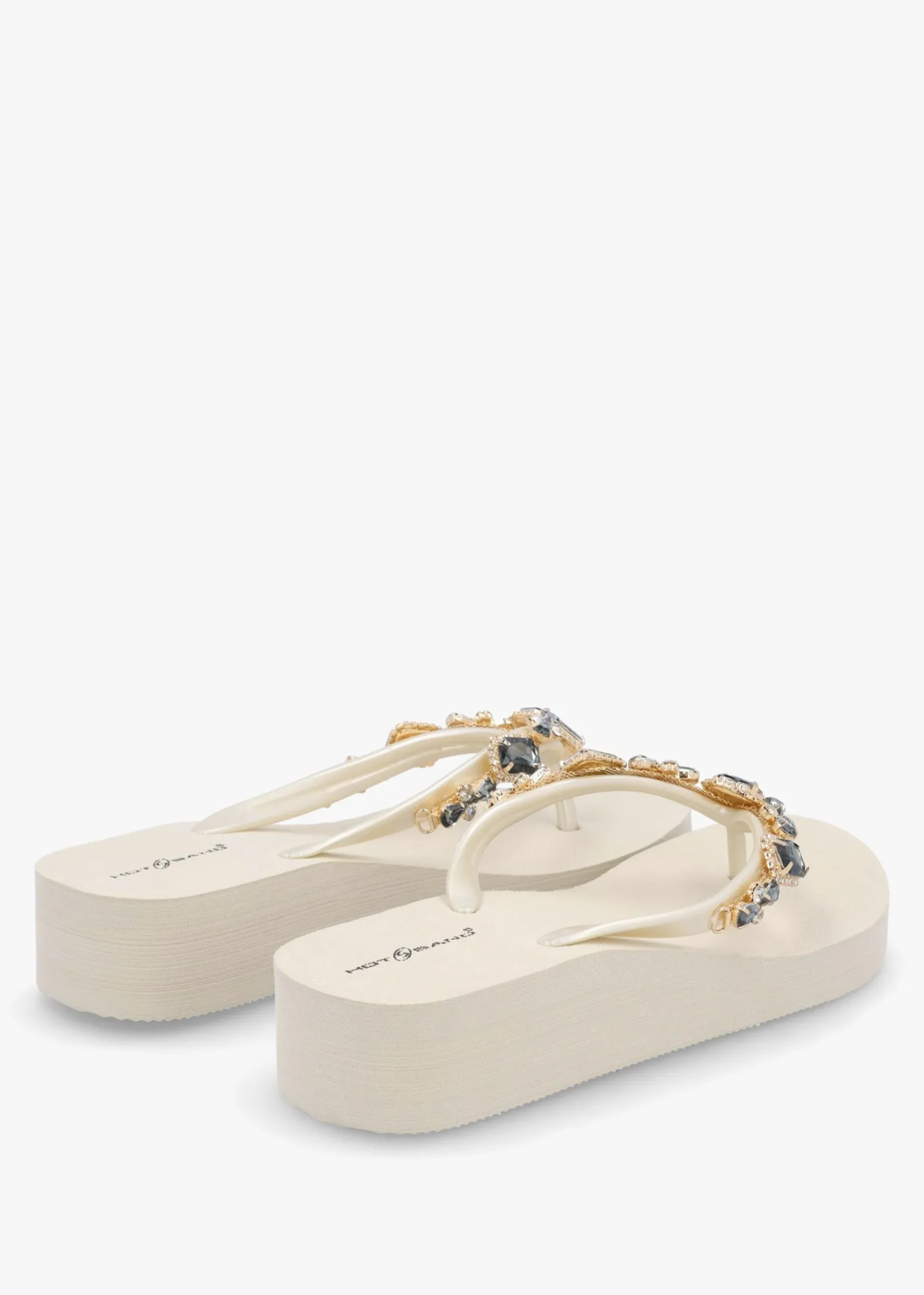 Beige Embellished Toe Post Wedge Flip Flops
