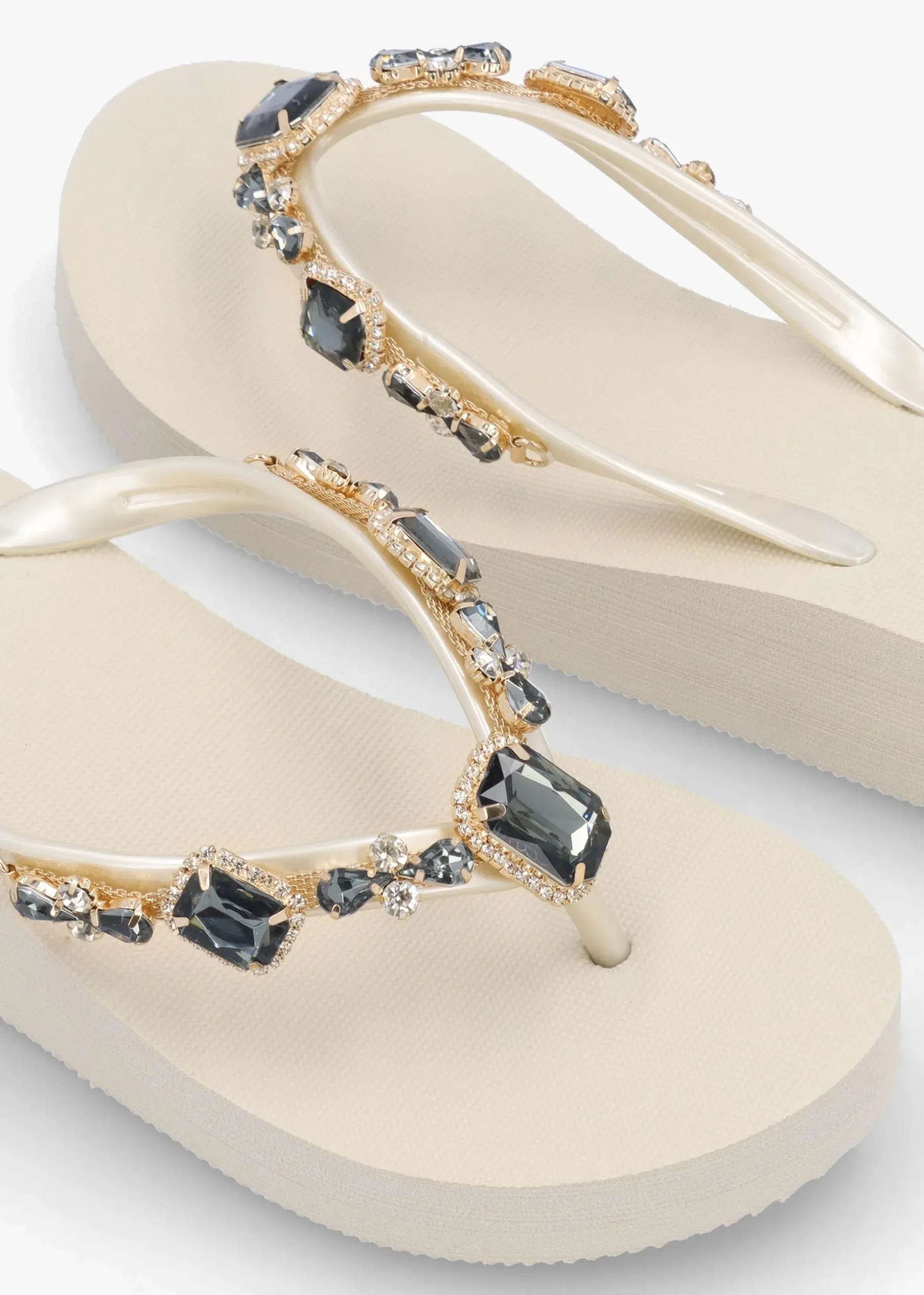 Beige Embellished Toe Post Wedge Flip Flops