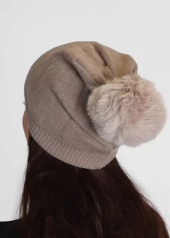 Beige Slouchy Knitted Pom Pom Hat