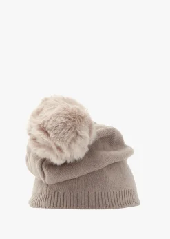 Beige Slouchy Knitted Pom Pom Hat