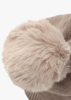 Beige Slouchy Knitted Pom Pom Hat