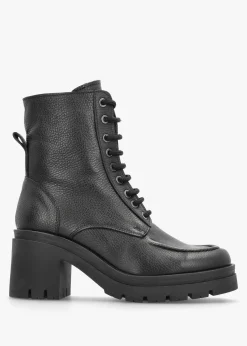 Bella Black Leather Block Heel Ankle Boots