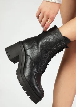 Bella Black Leather Block Heel Ankle Boots