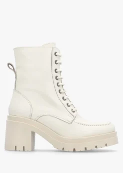 Bella White Leather Block Heel Ankle Boots