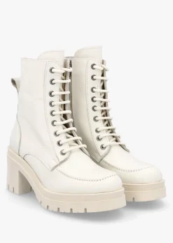 Bella White Leather Block Heel Ankle Boots