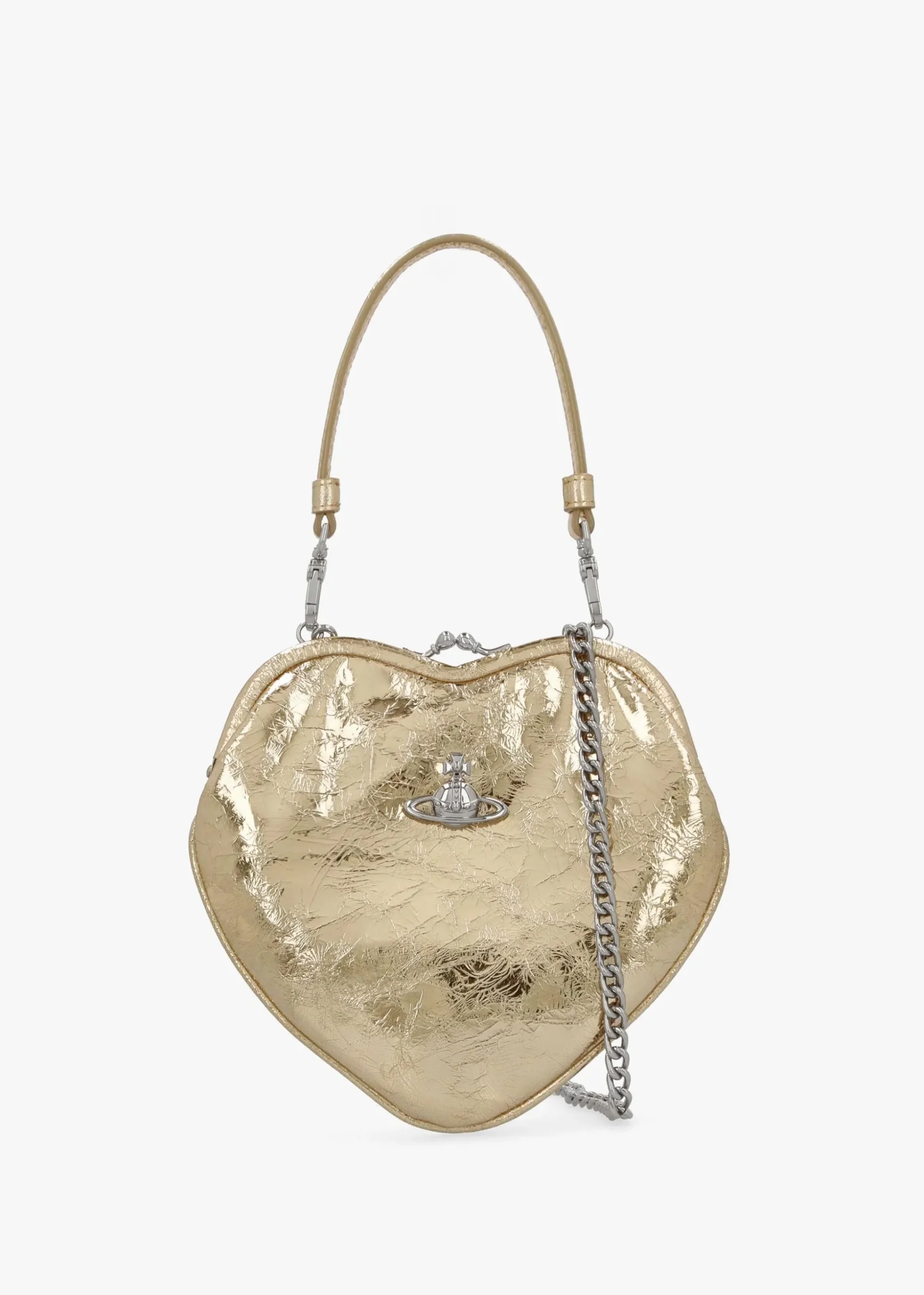 Belle Gold Metallic Crinkle Leather Heart Frame Cross-Body Bag