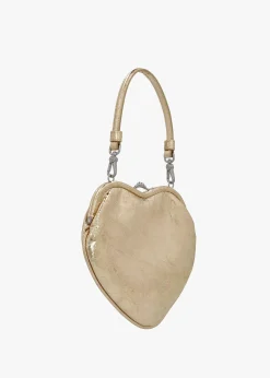 Belle Gold Metallic Crinkle Leather Heart Frame Cross-Body Bag
